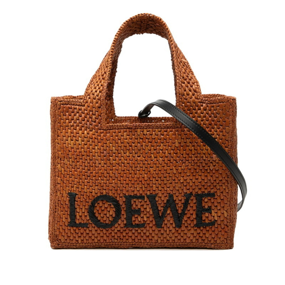 Loewe Font Tote Small Handbag Shoulder Bag 2-Way Basket Brown Raffia Leather ...
